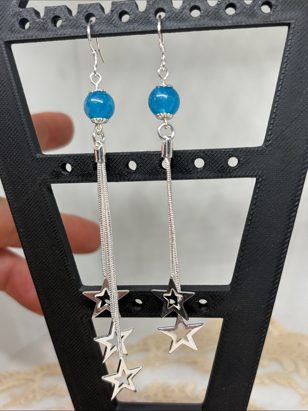 Handmade Blue Apatite & 925 Sterling Silver Star Cascade Earrings Asymmetrical